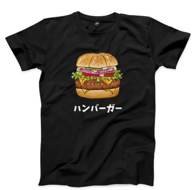 Camiseta de estilo japonés para mujer, camiseta con estampado de hamburguesa de dibujos animados, manga corta, cuello redondo, Tops informales, ropa de calle negra de verano, uso diario