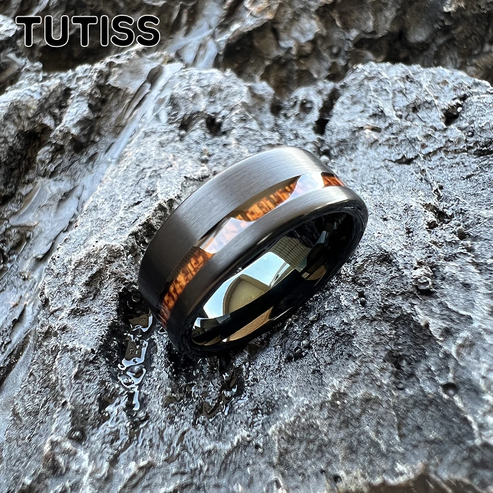 TUTISS 6mm 8mm Tungsten Couple Ring Black Men Women Wedding Band With Real Wood Inlay Offset Grooved Comfort Fit