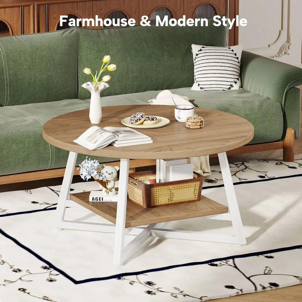 طاولة قهوة مستديرة مدمجة مع مساحة تخزين لغرفة المعيشة والمكتب المنزلي، تصميم خشبي حديث، مثالية للمساحات الصغيرة، سهلة الحمار #4