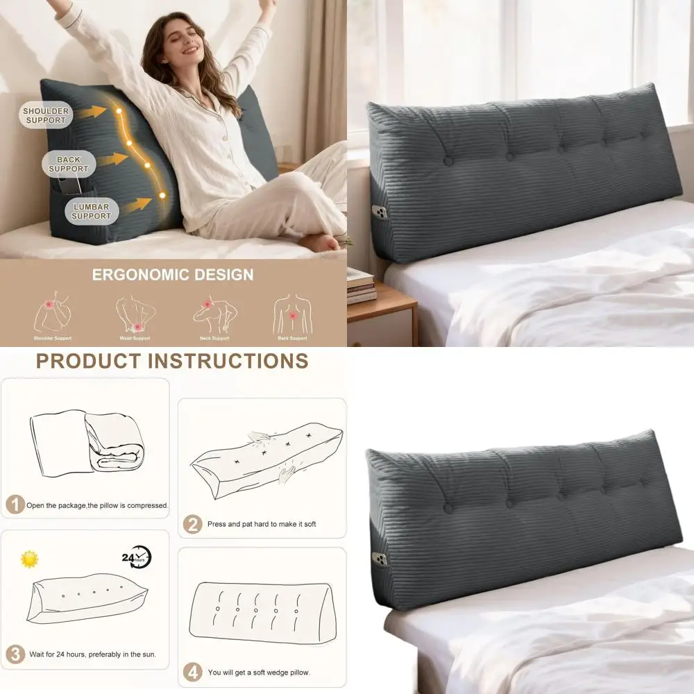 

Queen Size Triangular Wedge Pillow for Headboards, Reading Pillow with Removable Velvet Cover for Daybeds & Bunk Beds