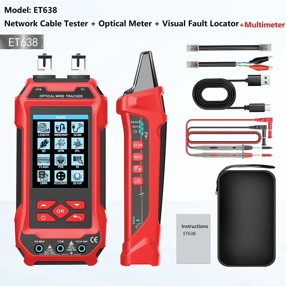 Network Cable Tester 4 In 1 Multi-function Fiber Optical Power Meter Visual Fault Locator Noise-free LAN Line Tracking