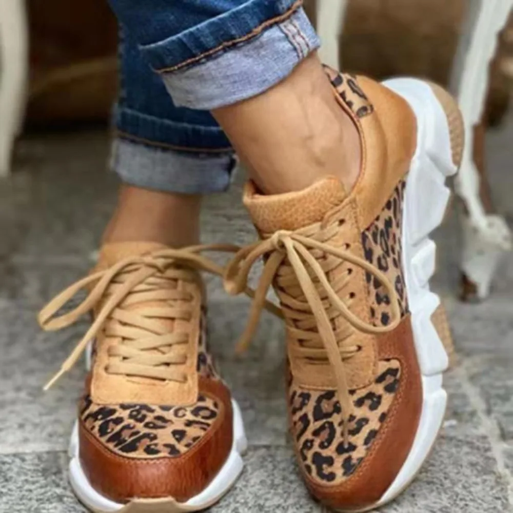 Women\'s Ankle Shoes 2024 Spring Fashion Casual Leopard Shoes for Women Platform Ladies\'s Sneakers Low Top Lace Up Tenis Feminino