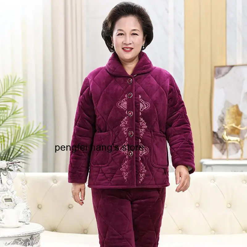 Winter New Women Plus Size Flannel Fleece Loungewear Set Thick Warm Quilted Pajamas Wearable Outerwear for Middle Aged Moms