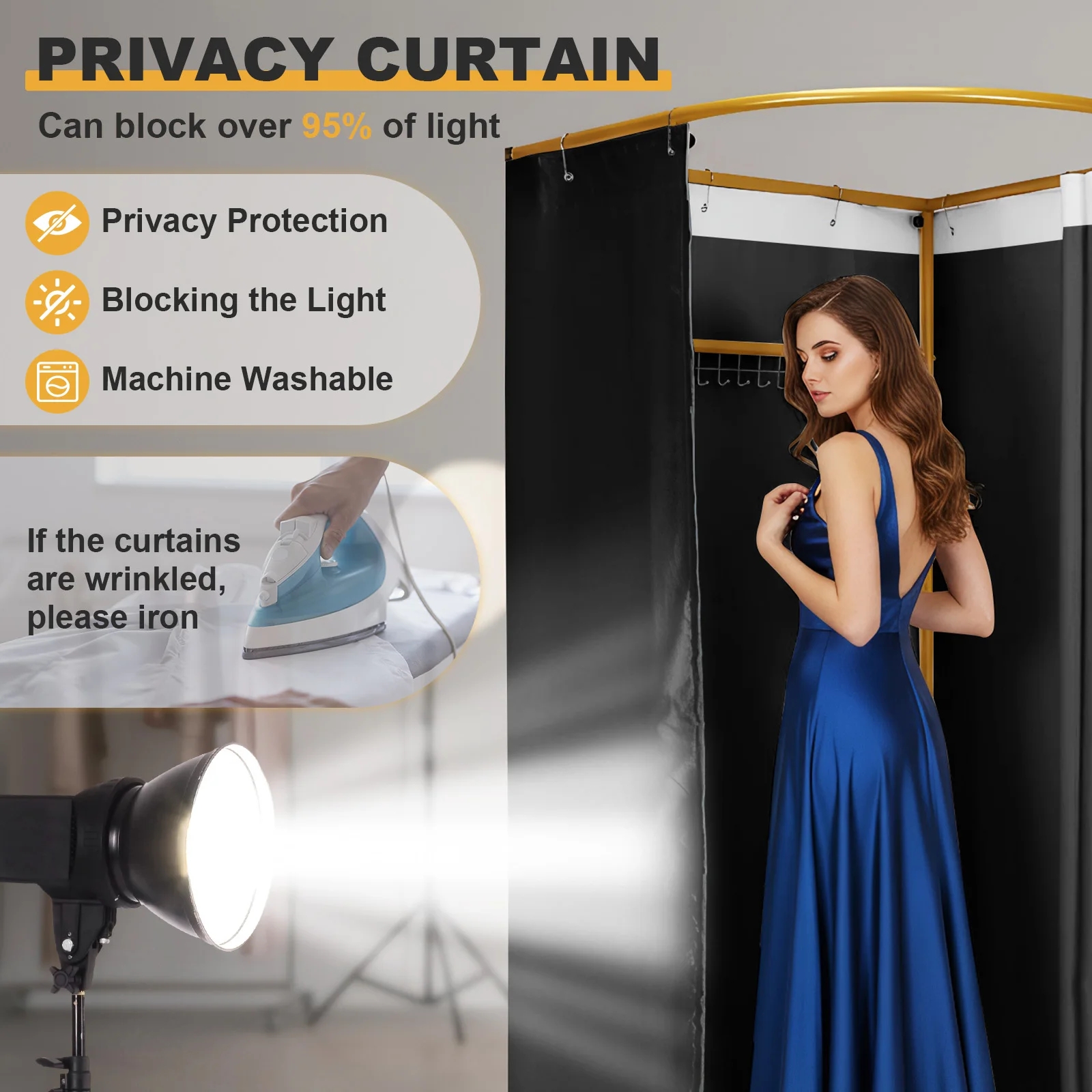 Clothing store fitting room with blackout curtains (Black)
