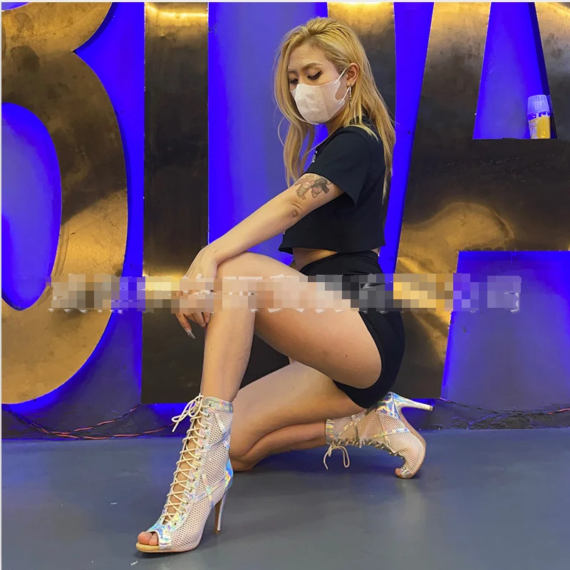 Rubber Sole Sexy stilettos Latin Dance Shoes Woman Black Mesh Boots Salsa Dancing Boots For Ladies Party Dance Shoes Ballroom