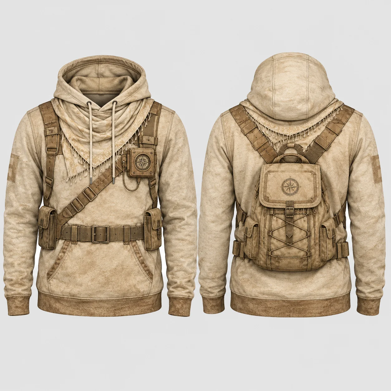 Vintage Explorer Utility Hoodie Men Khaki 3D Sublimation Print Flat Graphic Pullover Sweatshirt Outdoor Streetwear