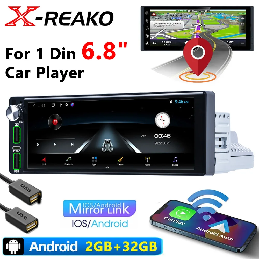 6.8 Inch Car Radio 1 Din  Multimedia Player Touch Screen FM ISO Power Aux Input Bluetooth USB Mirror Link  GPS BT Universal