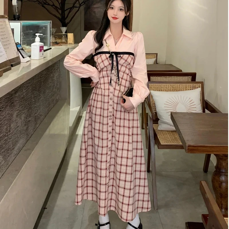 Preppy Style Sweet Pink Dress Spring Autumn Women Graceful Bowknot Plaid Patchwork Dresses 2023 New Korean Lady Long Sleeve Robe