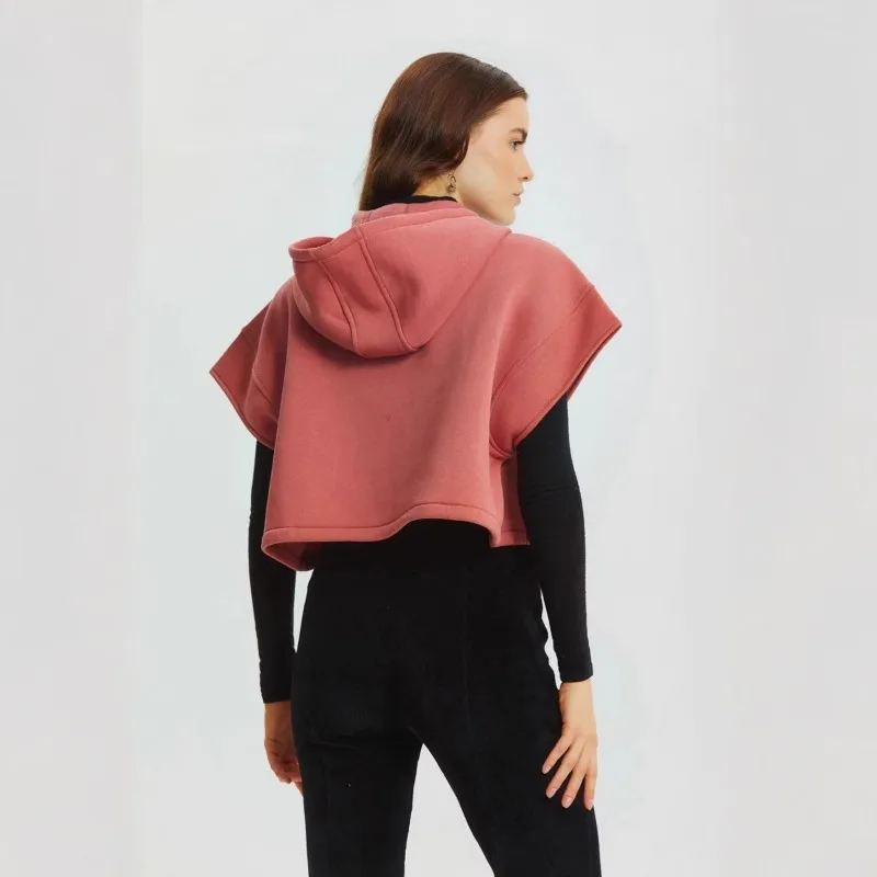 2025 Design Sense New Export Sports Style Hooded Short Sleeve Pocket Short Vest Sweatshirt Women