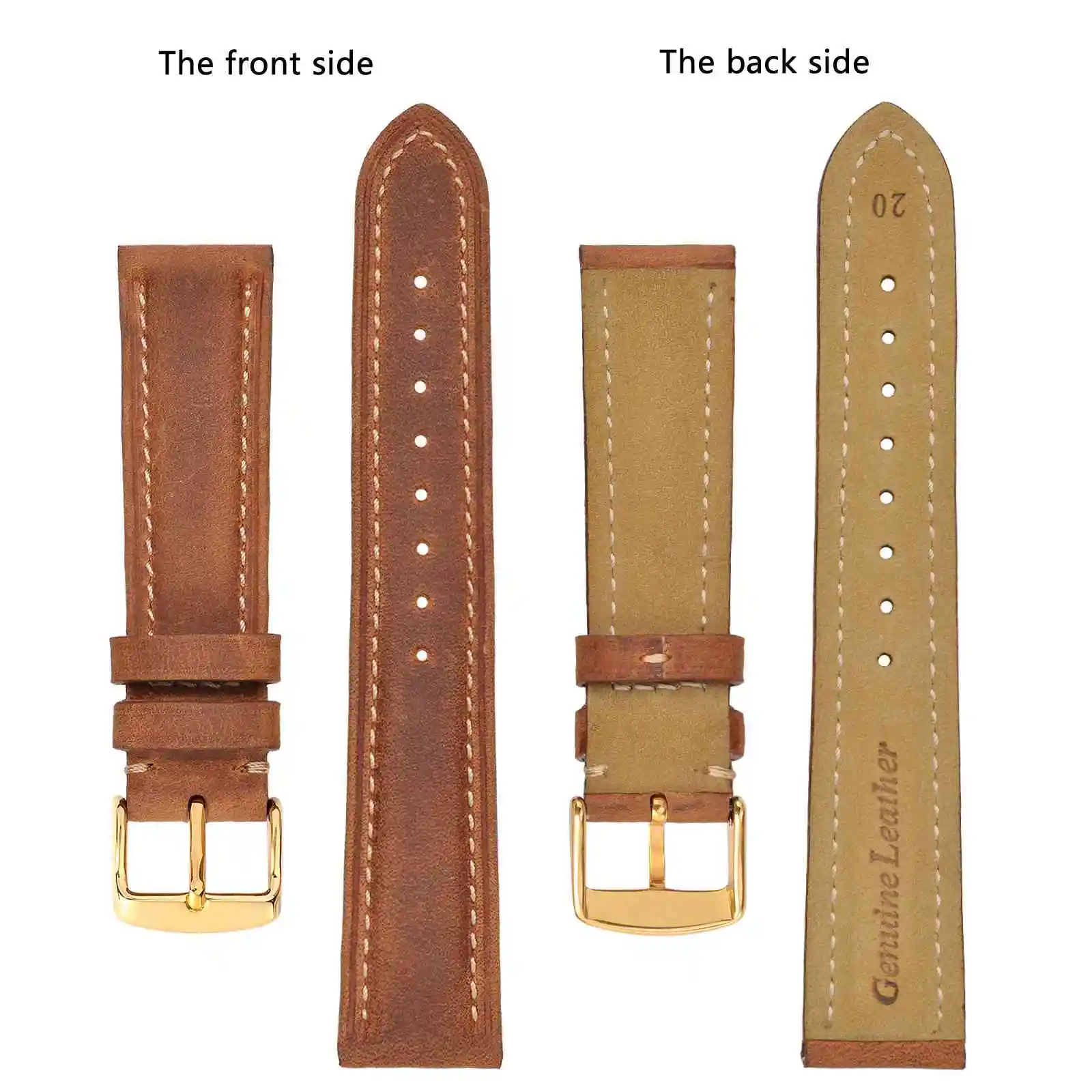 BISONSTRAP Watch Band 14mm 15mm 19mm 20mm 22mm 23mm 24mm Crazy Horse Leather WatchStraps Vintage Replacement Belt Gold Buckle