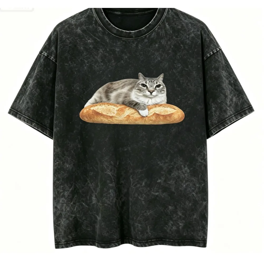 2026 Funny Bread Cat New Washed T-shirt Men Women Tee Funny 90s Y2k Silly Cat Meme T-Shirt Stylish Top Tee Women Men