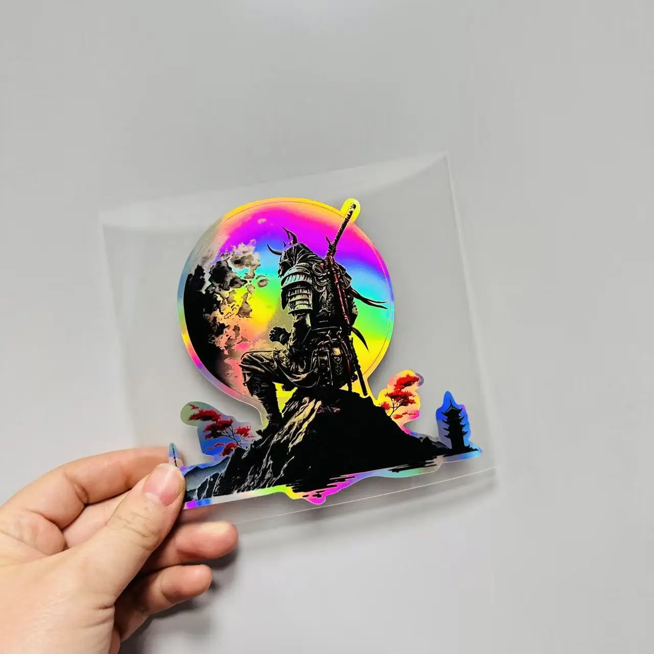 

1PC Holographic Samurai Moon Mountain Sticker - Rainbow Design, Self-Adhesive Waterproof Decor for Car Laptop