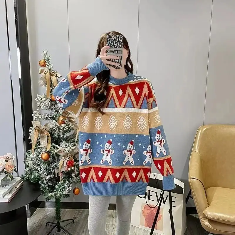 Autumn Winter New Christmas Knitted Pullovers Women Fashion Jacquard Loose O-neck Thick Sweaters Vintage Chic Knitwear Tops