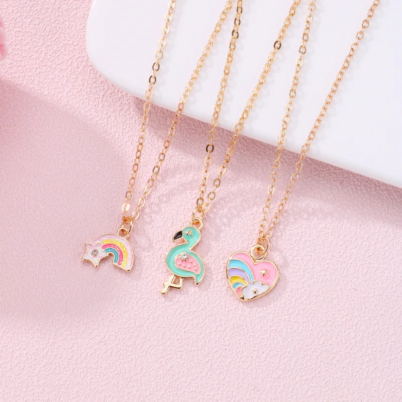 Luoluo&baby 3Pcs/set Cartoon Heart Rainbow Bird Pendant Necklace for Girl Kids Friendship BFF Necklaces Best Friend Jewelry Gift