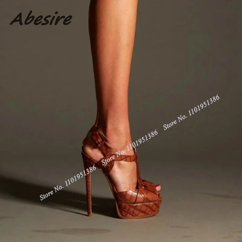 Abesire Red Ankle Buckle Platform Sandals Peep Toe Women Summer Shoes Cut Heel New Fashion Stilettos Big Size Zapatillas Mujer