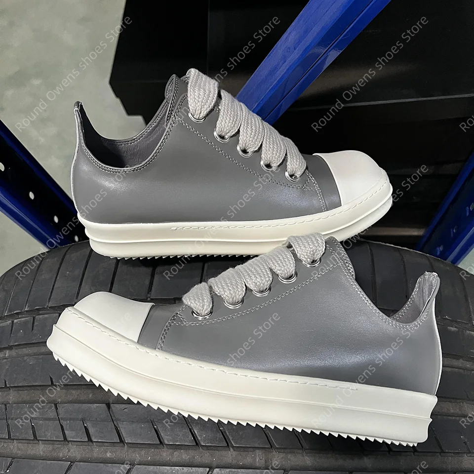 العلامة التجارية حذاء كاجوال الرجال جلد رمادي منخفض أعلى جودة جامبو الدانتيل يصل نعل سميك Ro الفاخرة مصمم المدربين النساء أحذية رياضية مسطحة