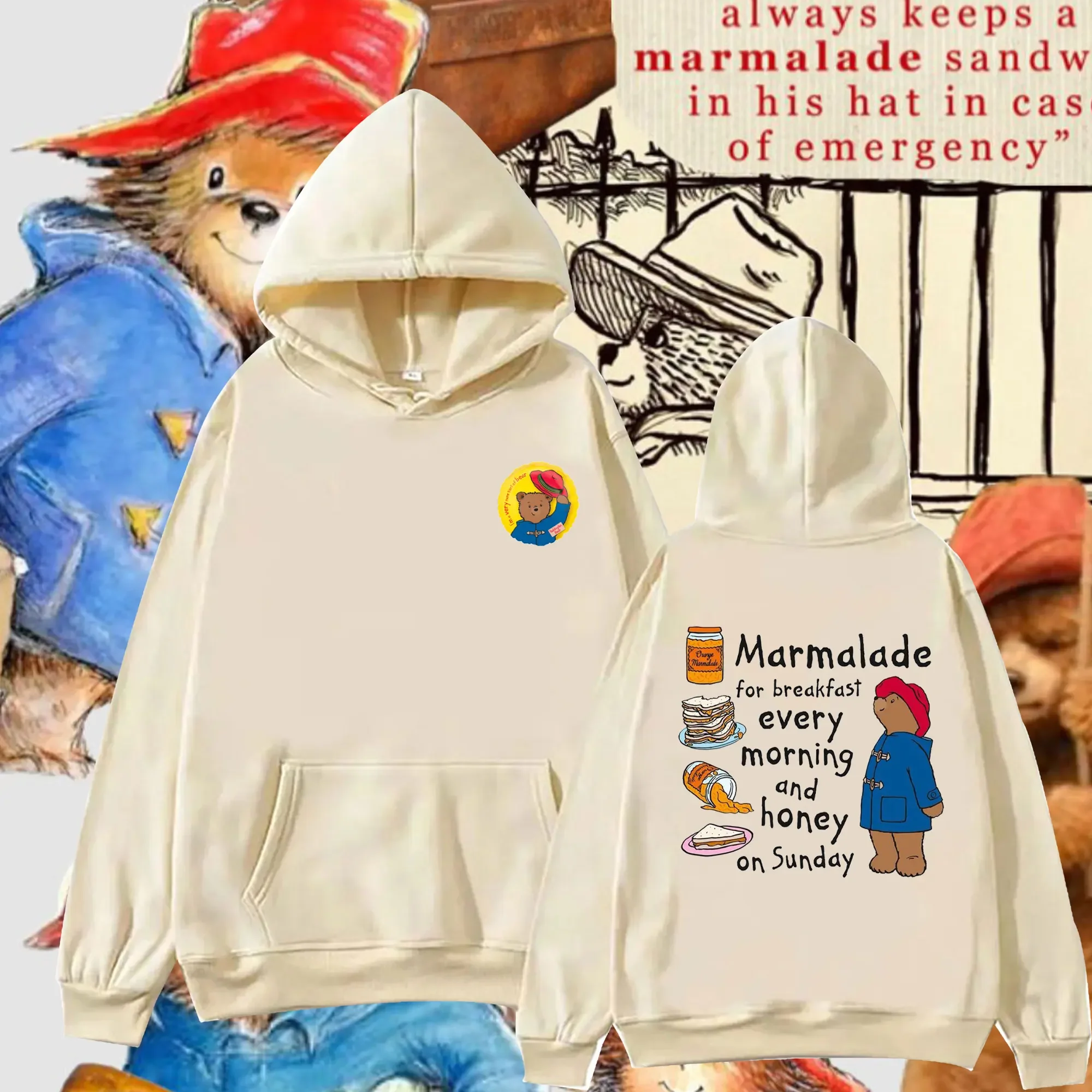 

Marmaladefor Breakfast Every Morning and Honey on Sunday Paddington Bear in London Cartoon Double-sided Print Unisex Hoodies