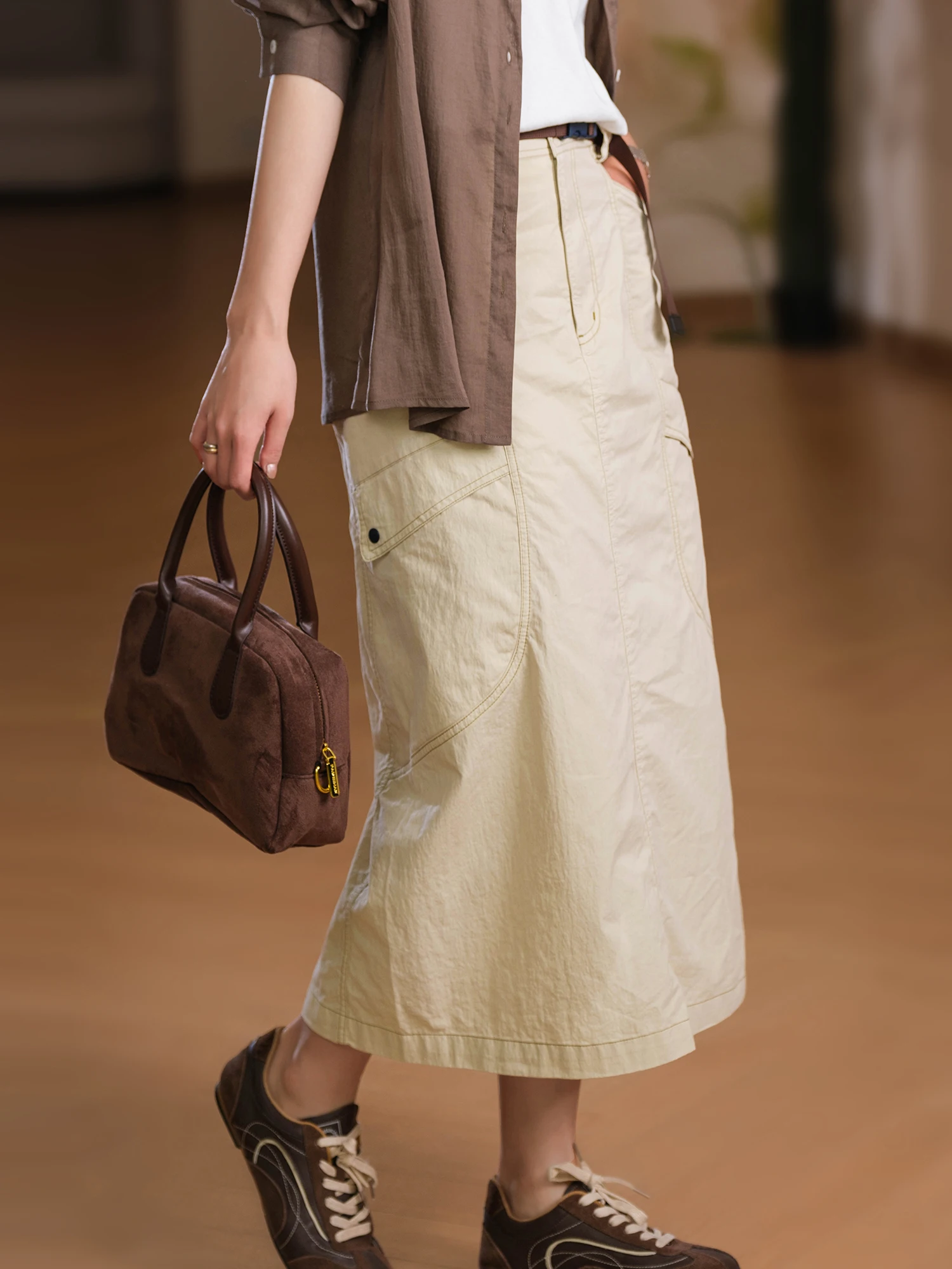 Workwear  Skirt Cotton Multi-line Partition Large Pocket Belted Women's High Waist Straight Cut Spring Summer Fashion