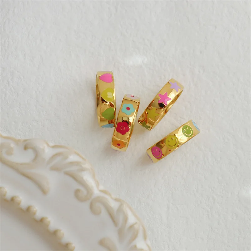 Candy-colored Smiling Face Titanium Steel Gold-plated Ring Retro Fashion Personality Ring Female