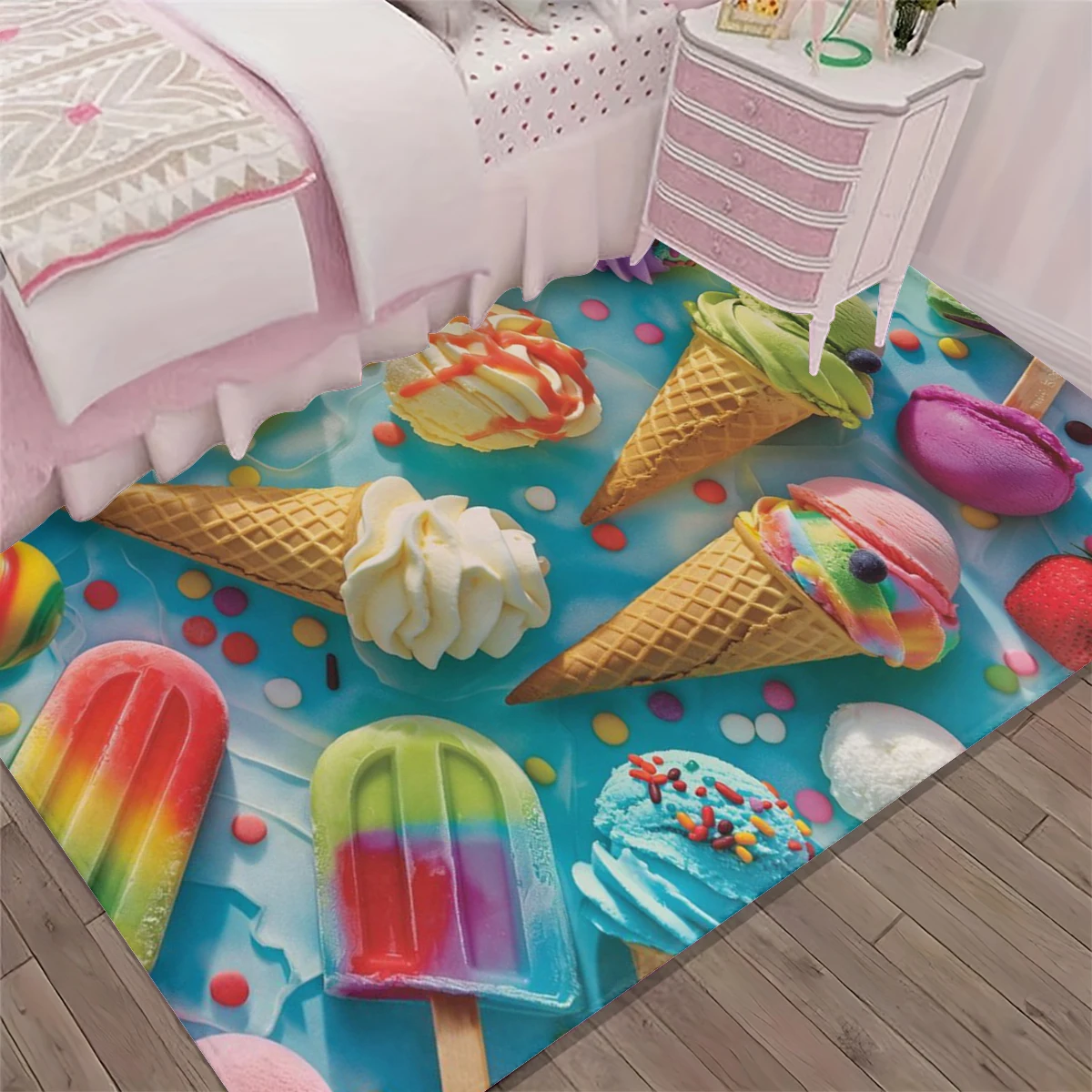 1Pc Summer Cool Ice Cream World! Rainbow Ice Cream Mat Bedroom Atmosphere Non-Slip Carpet