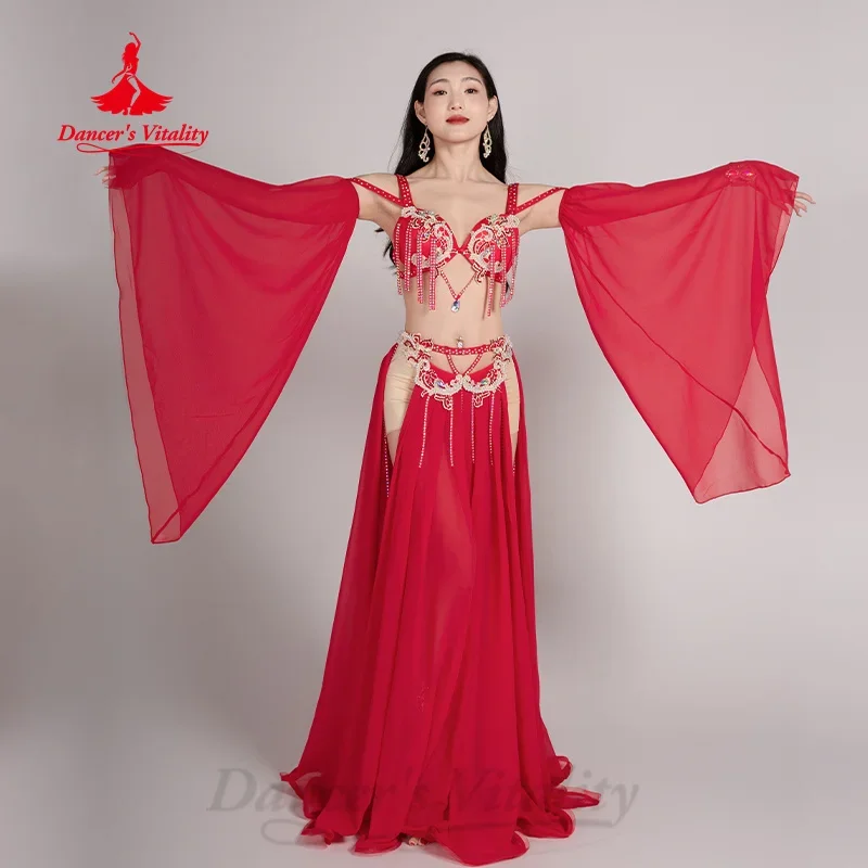 BellyDance Competition Wear Customized Exquisite Pearl Rhinestone Chiffon Set Adult and Kid Oriental Dance Performance Costume