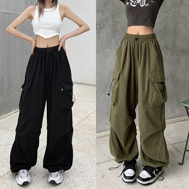 

Women Vintage Pockets Cargo Pants Drawstring High Waist Streetwear Harajuku Baggy Wide Leg Trousers Korean Fashion Bottoms