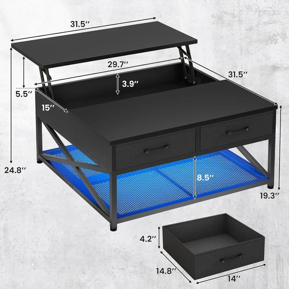 طاولة قهوة قابلة للرفع 31.5 مع مساحة تخزين، طاولات قهوة مربعة لغرفة المعيشة، طاولة قهوة مع درجين من القماش وكبيرة #2
