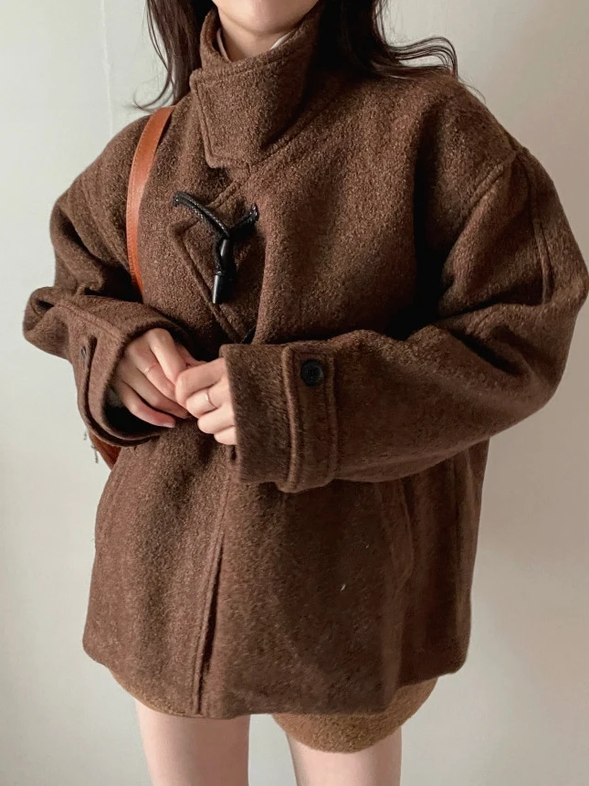 

Korean Sle Stand Collar Loose Woolen Coat Women's Winter Warm Outerwear Casual A-Line Coat Fem Students' Favorite
