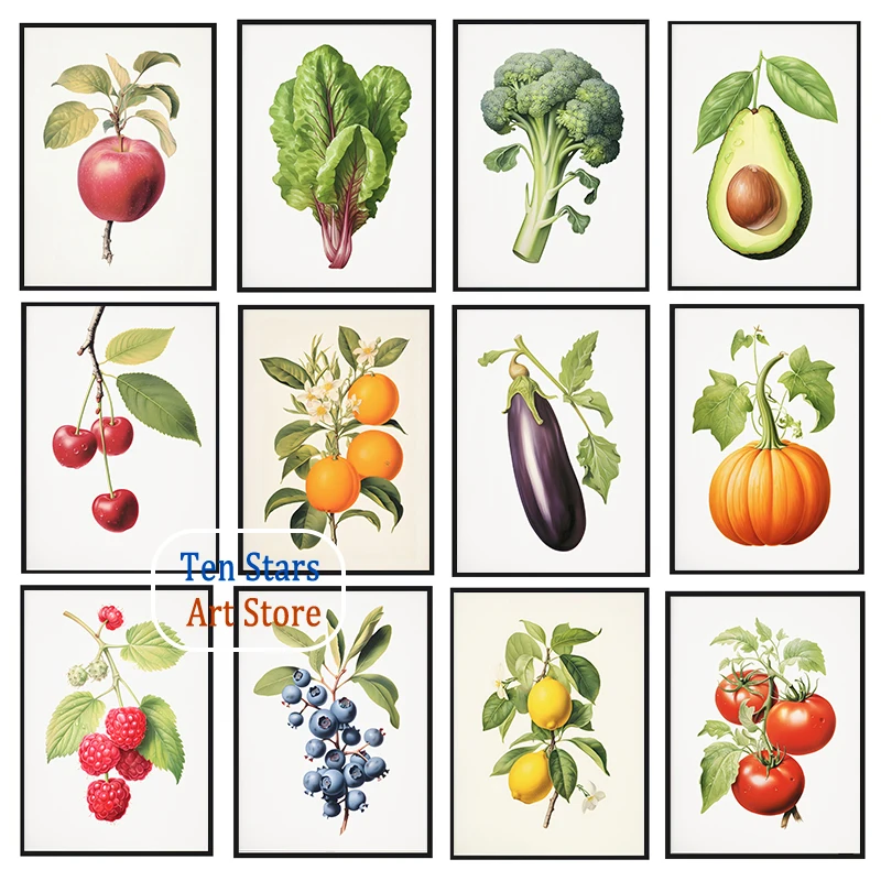 Zucchini Lettuce Broccoli Peach Apple Orange Vegetable Fruit Healthy Food Poster Canvas Painting Wall Picture Home Kitchen Decor