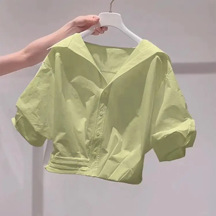 라펠 버블 슬리브 셔츠 여성 루즈핏 크롭 탑