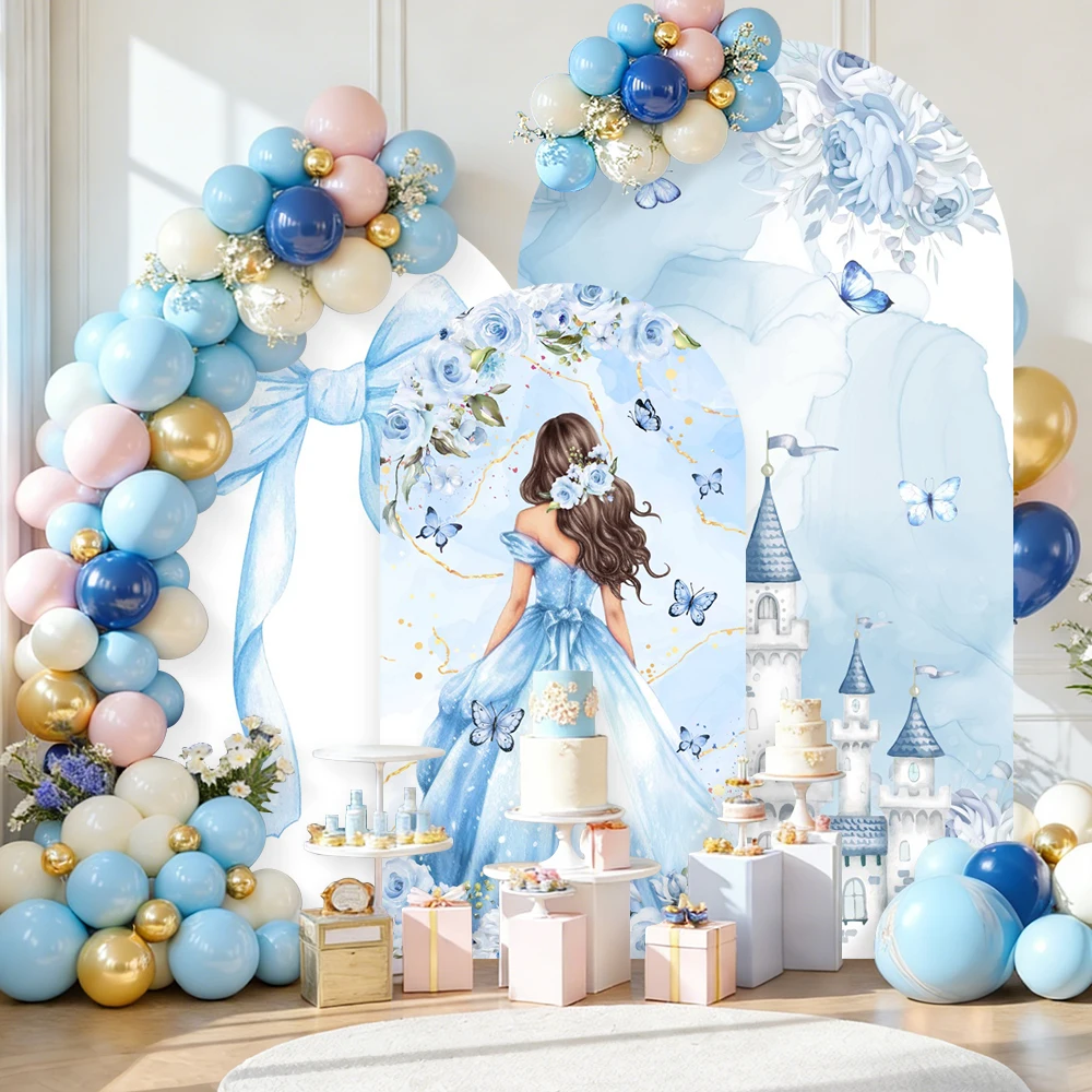 

Фон с крышкой арки, односторонний сплошной цвет, синий бант для девочек, замок с розой, декор для детского душа, день рождения, детский портретный фон