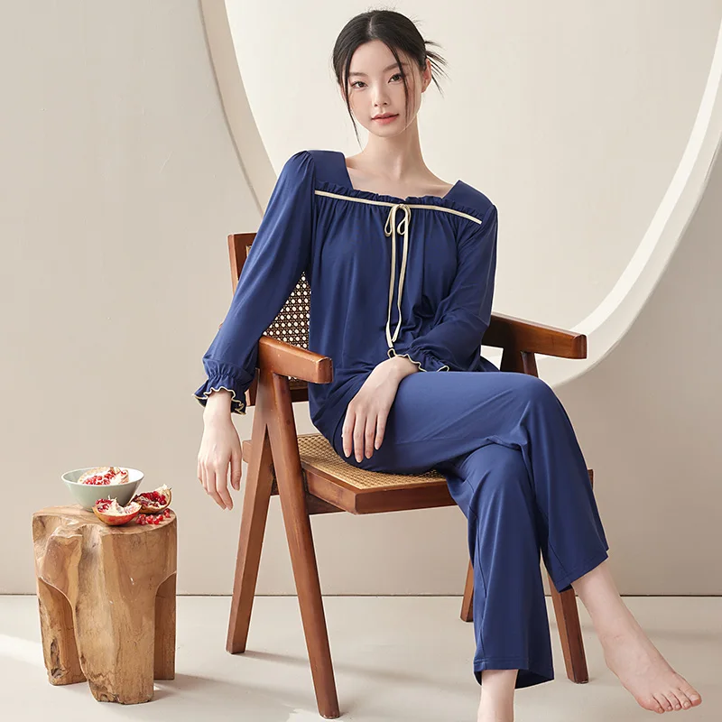 Elegant Square Neck Pajamas Sets Soft Nightwear Spring Autumn Modal Pyjamas Female Solid Sleepwear Big Yards XXXL Pijamas Mujer