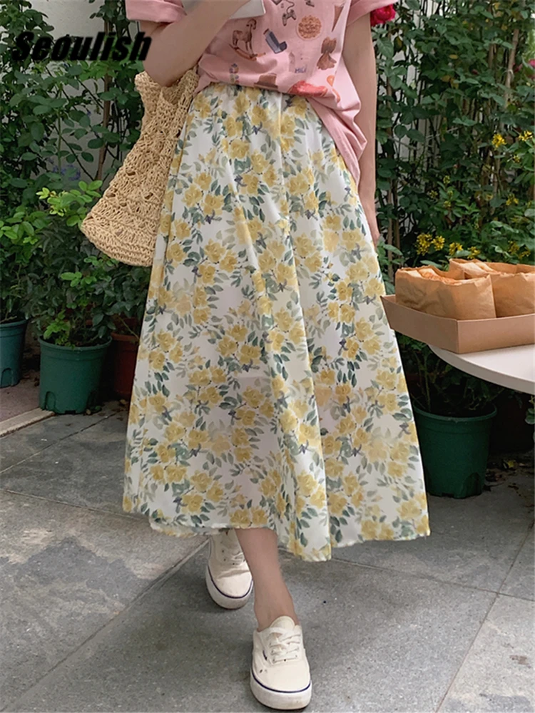 Seoulish Summer Vintage Floral Printed Women's Mi-long Skirts 2022 New High Waist Umbrella Fashion Korean A-Line Skirts Female