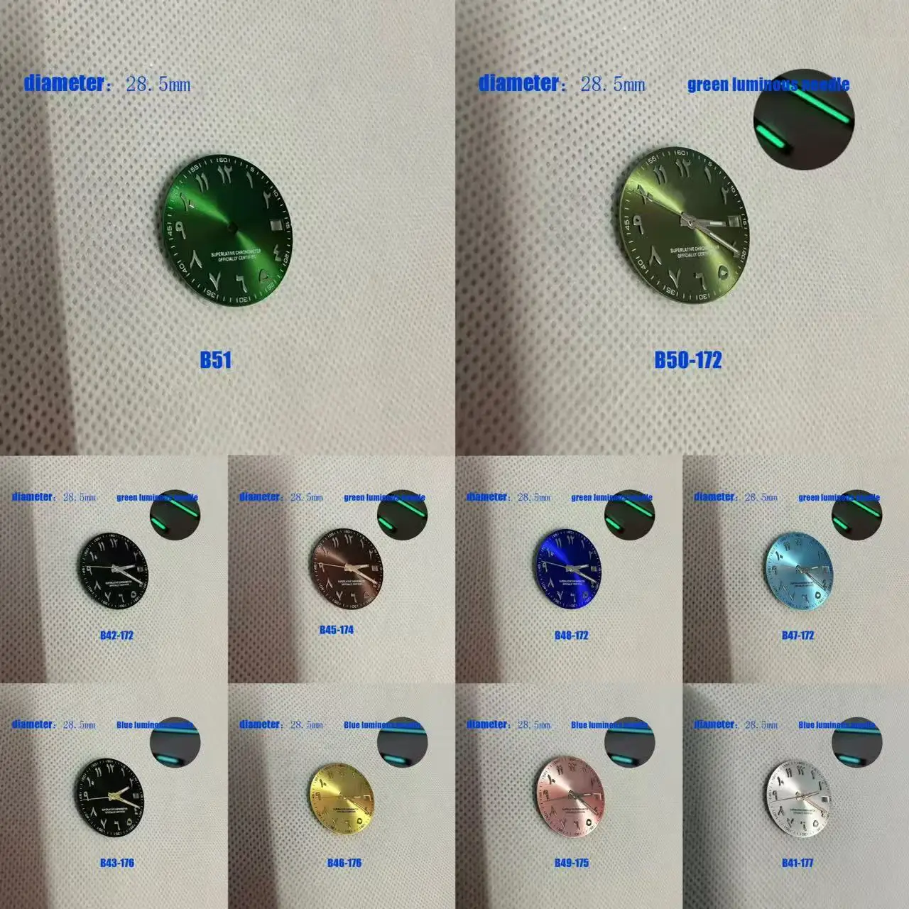 

no luminous 28.5mm Arabic Single skylight Arabic green s logo Dial nh35 nh36 Automatic Movement Single s logo Arabic blue s dial