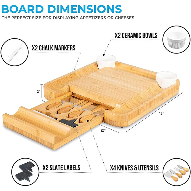 Bambusowa deska do sera i talerze na owoce Zestaw upominkowy Deli Combo Zestaw w zestawie noży Taca Miska ceramiczna Etykieta łupkowa i kreda