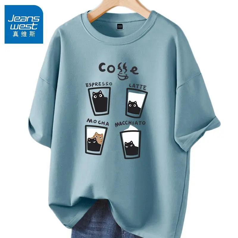 Women Basics Pullover Summer Cats Coffee Printed 100 Cotton O-neck Top Tees Loose Casual Short Sleeve T-shirt