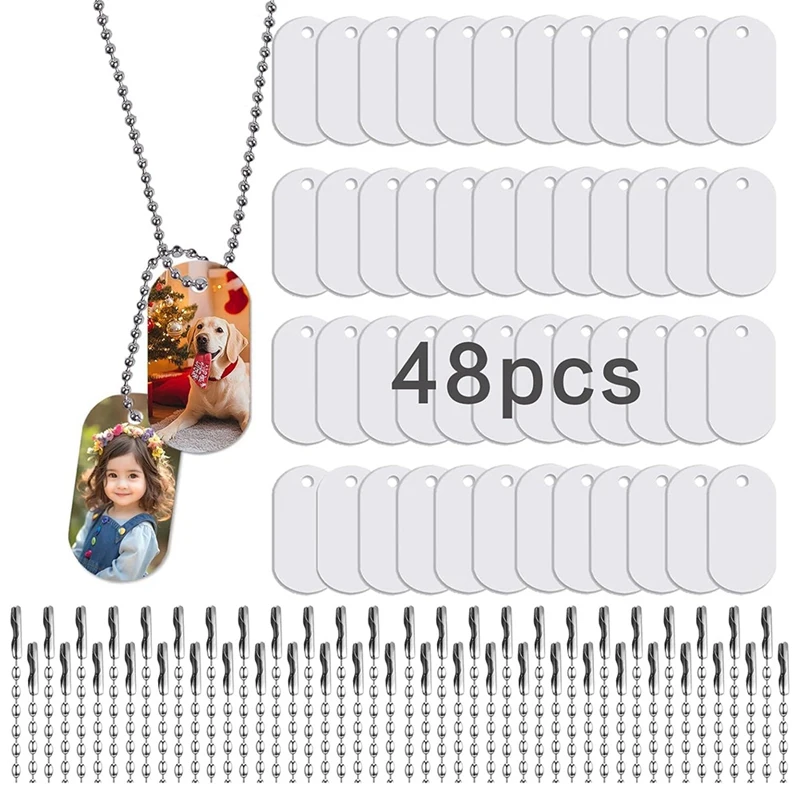 Sublimation Dog Tags Blanks 48 Pcs Aluminum Sublimation Dog Tag Chain Necklace Double Sided Dog Tags Oval For Pets