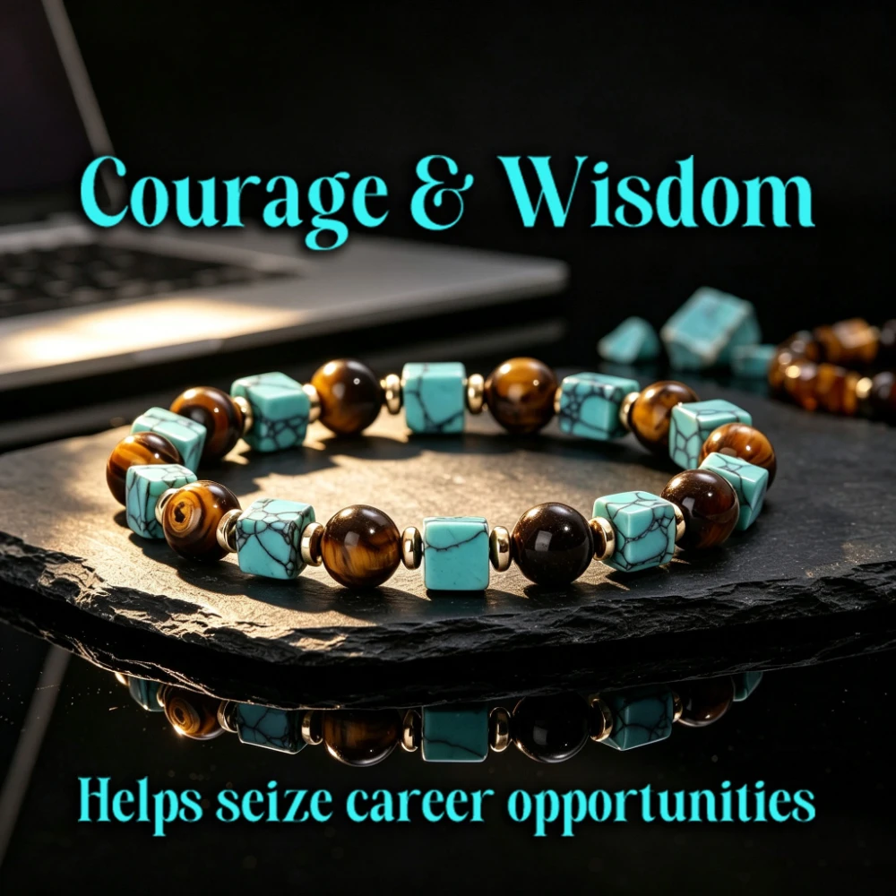 1pc Retro style tiger eye stone turquoise block bead bracelet, symbolizing seizing career opportunities, unisex bracelet