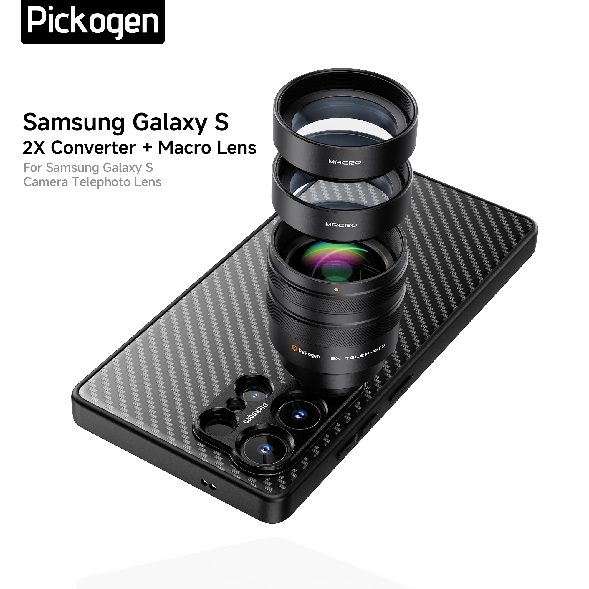 PICKOGEN 2Xコンバーター、200mm＆300mmマクロレンズ付き、スマホカメラ用望遠レンズ、Samsung S24/S25/26 Ultra対応