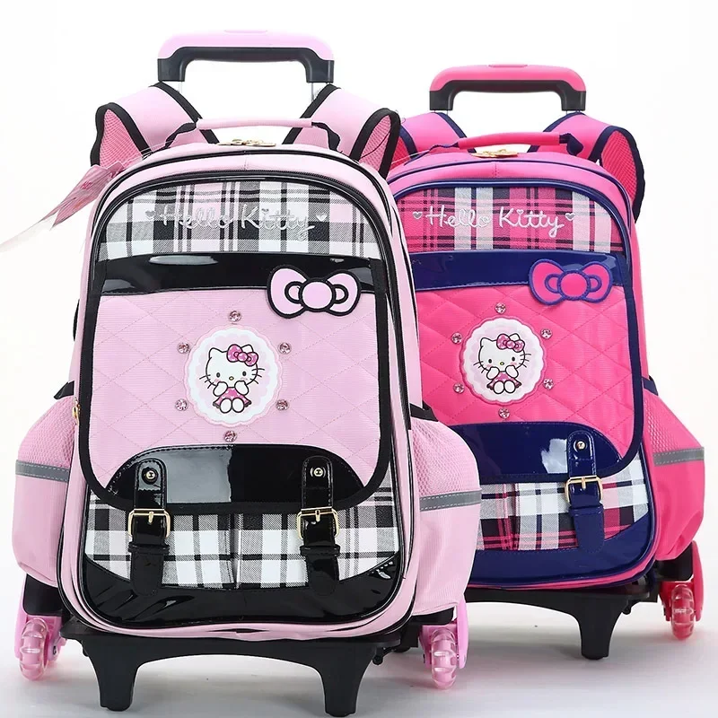 Miniso Hello Kitty  Children Pull Rod Backpack Student Trolley Schoolbag Climbing Stairs Girl Wheeled School Book Bag Pupil Gift