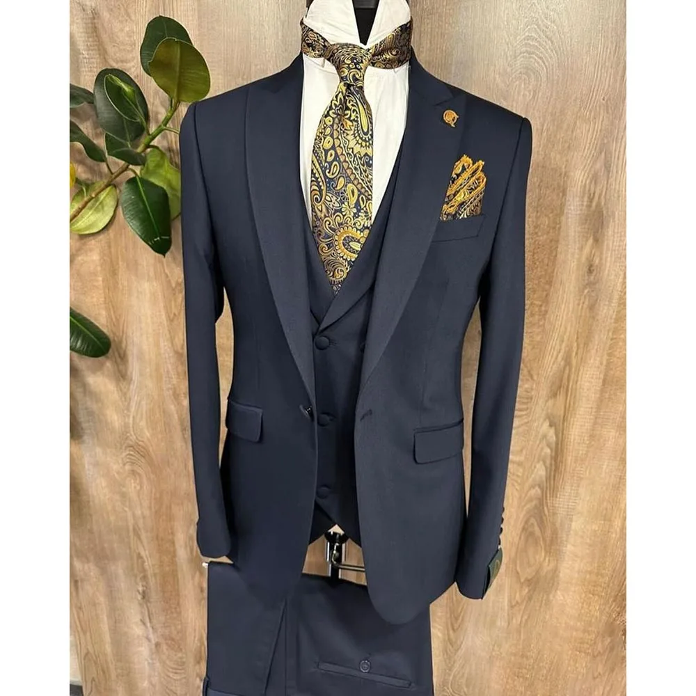 High Quality Men Suits Navy Blue Single Breasted Peak Lapel Regular Length Formal Business Office 3 Piece Jacket Pants Vest Sets