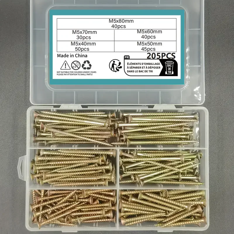 

205pcs M5 Self-Tapping Screws Set, Phillips Flat Head, Galvanized Carbon Steel for Wood & Metal
