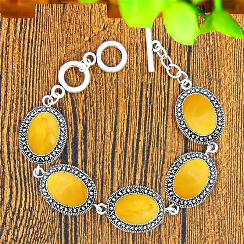 Oval Simulated Beeswax Jewelry Set Antique Silver Plated   Necklace Earrings Bracelet Fashion Jewelry TS414