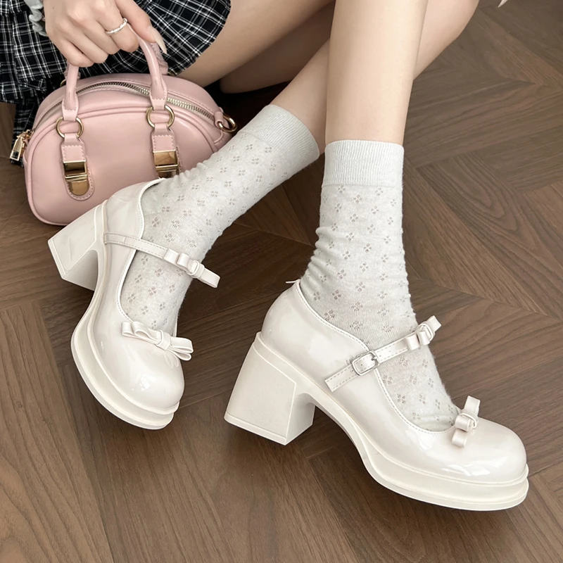 أنيقة Bowknot عالية الكعب ماري جين أحذية النساء الكاحل مشبك منصة مضخات امرأة اليابانية براءات الاختراع والجلود لوليتا الأحذية الإناث #1