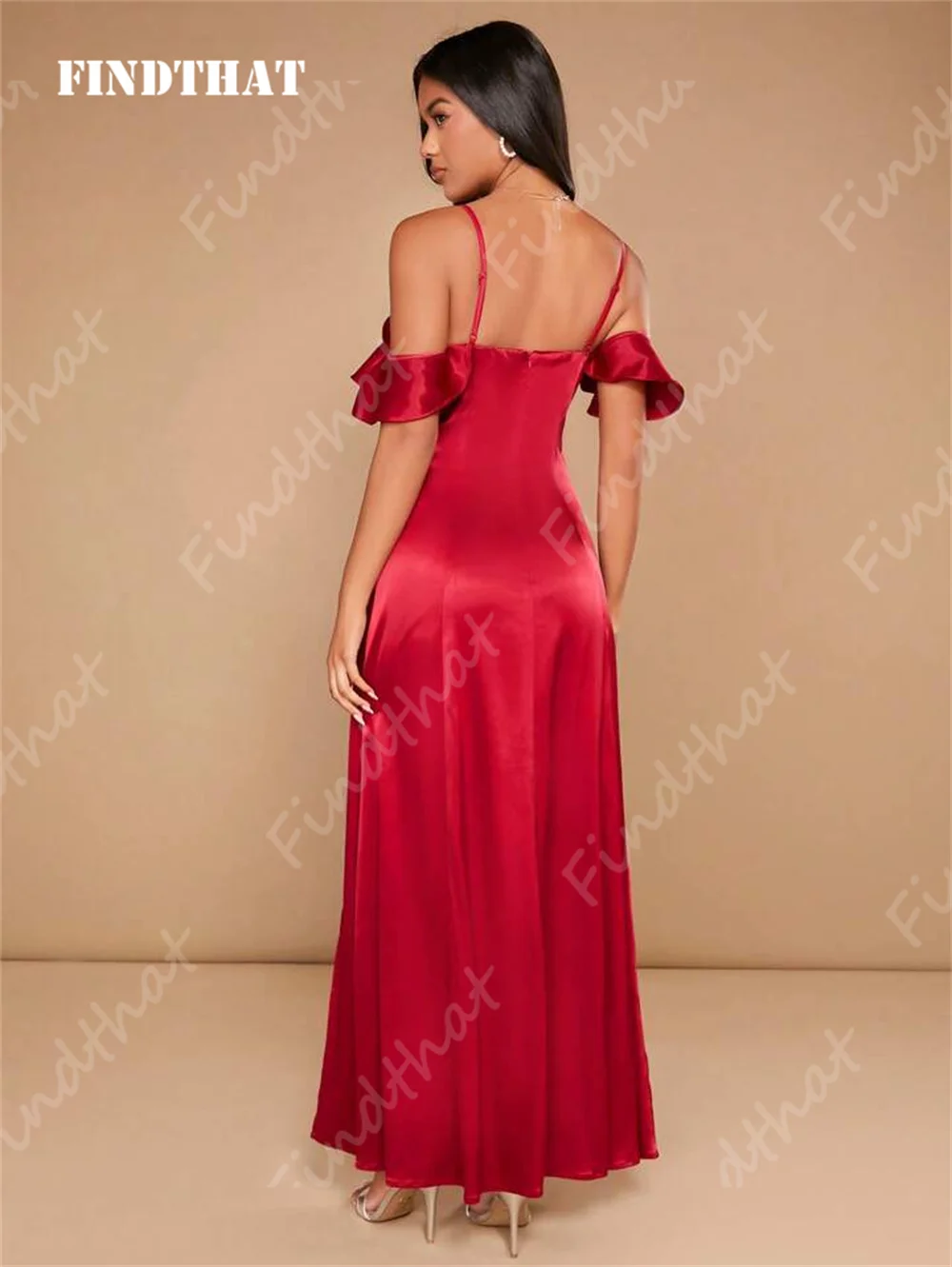 Findthat Elegant Ruched Neck Bridesmaid Dresses Ruffles Sleeves Satin A-Line with Side Slit Ankle-Length Evening Formal Gowns