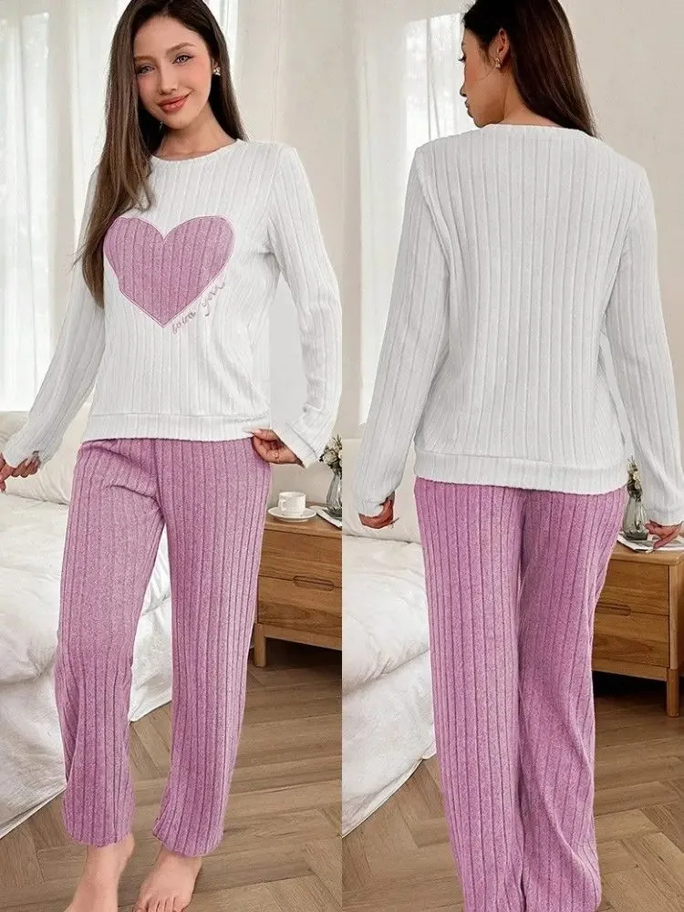 

Women Sleepwear Autumn Winter Pajamas Set Casual Heart Printed Long Sleeve Tops and Trouses Sets Homewear Loungewear