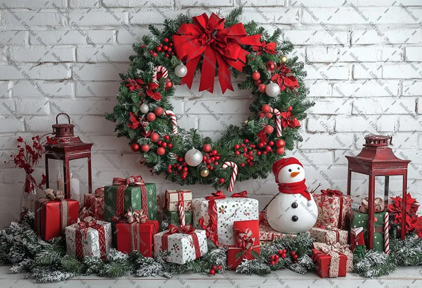 Mehofond التصوير خلفية عيد الميلاد الأبيض الطوب جدار ثلج شجرة عيد الميلاد الاطفال الأسرة صورة ديكور خلفية استوديو الصور