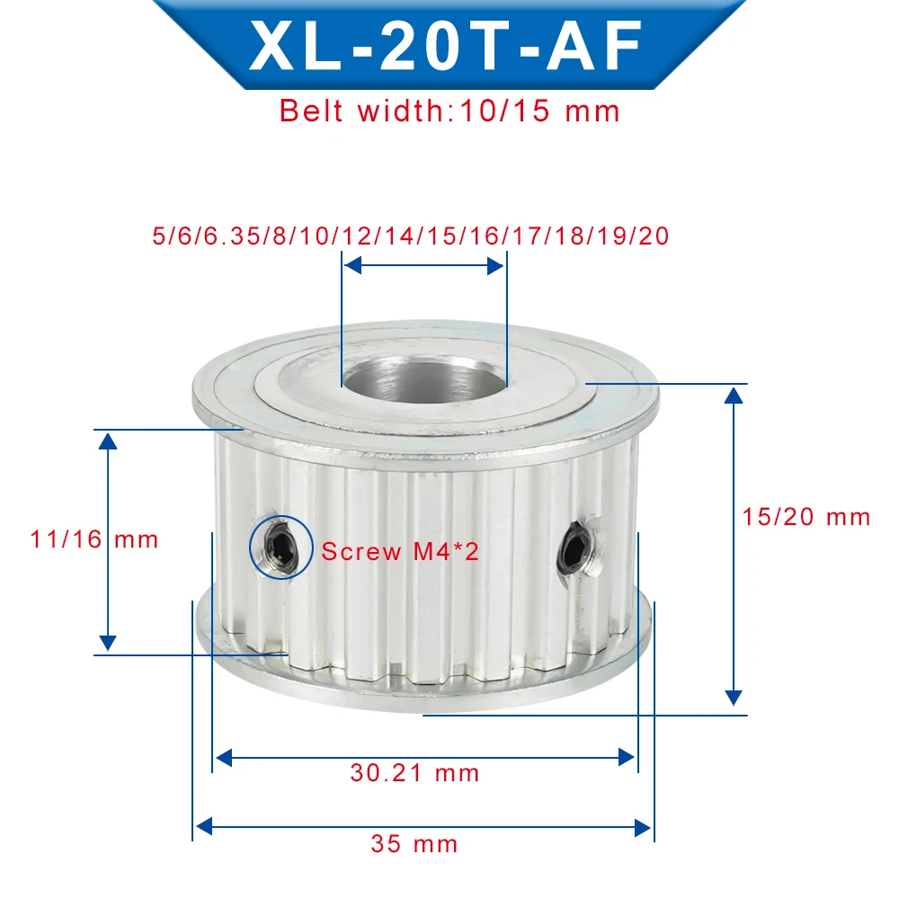 Timing Pulley XL 20T Teeth Pitch 5.08 mm AF Shape Belt Pulley Bore 5/6/6.35/7/810/12/14/15/16/17/18/19/20 mm Belt Width 10/15 mm