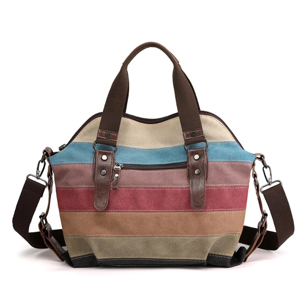 

Canvas Patchwork Rainbow Shoulder Bag Large Capacity Tote Colorful Striped Handbag Streetwear Portable Crossbody Bag Daily