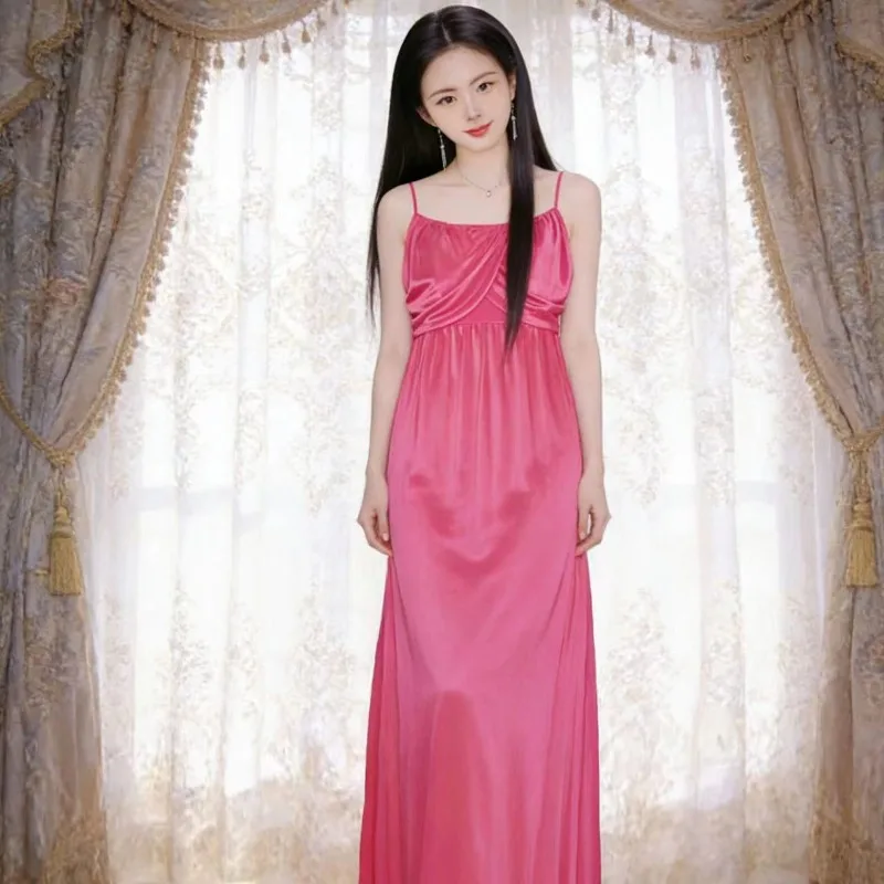 Double-sided Smooth and Soft Ice Silk Sexy Camisole Dress Smooth and Cool Stretchy Home Sleepwear Long Skirt